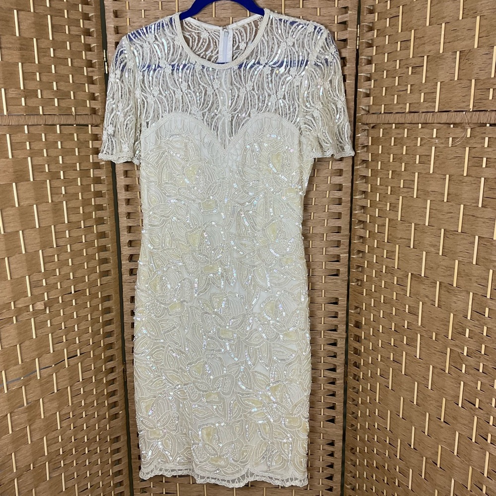 Vintage Ivory Cream Sequence Lace Dress Wedding Party *Read** Size S ( 6-8 )